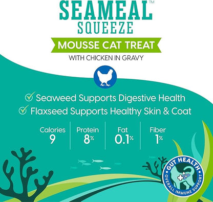 SeaMeal Squeeze Chicken Lickable Cat Treats with Seaweed for Skin & Coat - Wet Cat Treats with Digestive & Immune Health Support - Natural, Holistic, Grain Free (48 Squeezes)