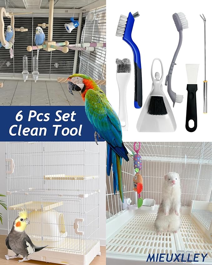 Upgrade 6PCS Cage Cleaner Set,2-in-1 Stainless Steel Pet Cage Brush,Bird Poop Remover,Dual Head Brush,Long Handle Scraper,Small Animals House Cleaning Accessories,Mini Dustpan and Broom Set (6PCS-1)