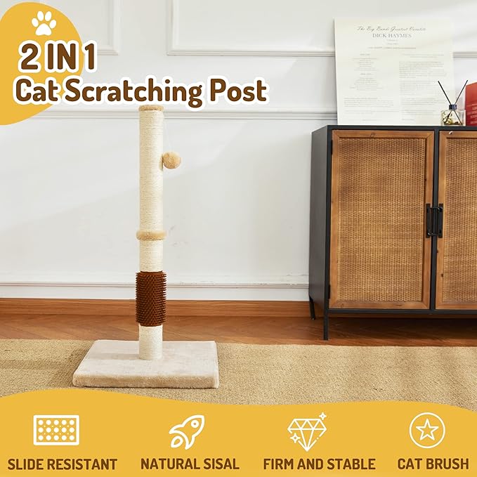 MeowHomm 32" Cat Scratching Post with Self Groomer Cat Brush, Sisal Rope Tall Cat Scratching Post with Soft Hanging Ball for Indoor Cats, Cat Claw Scratcher Covered with Soft Smooth Plush