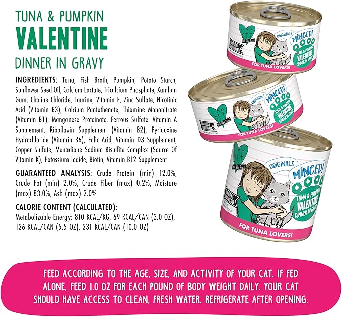Weruva BFF Minced Natural Wet Cat Food, Tuna and Pumpkin Valentine in Gravy, 3oz Can, Pack of 24