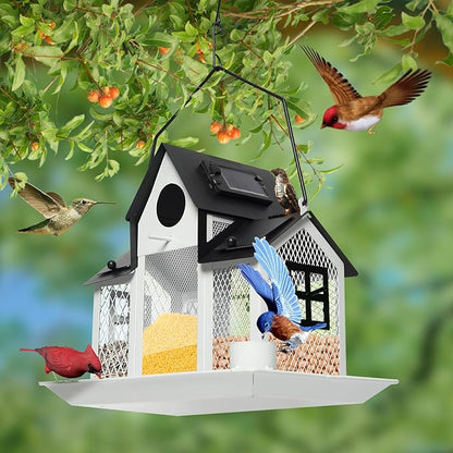 Solar Bird Feeders House for Outdoors Hanging, 7LBS Large Capacity Metal Wild Bird Feeder Squirrel Proof for Outside with Water Cup, Cardinal Birdfeeder Birdhouses Gift for Bird Lovers
