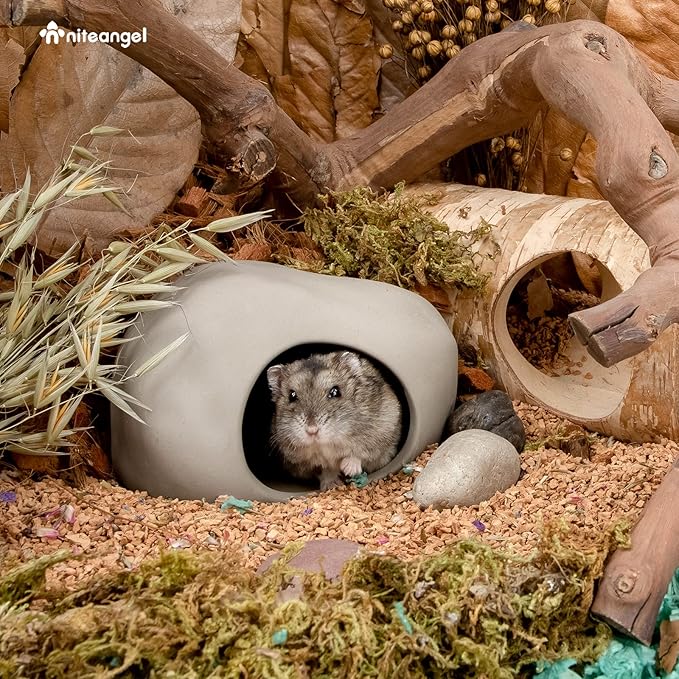 Niteangel Ceramic Hamster Habitat Hideout: - Hideaway House for Syrian Dwarf Hamster Mice Gerbils Lemmings or Other Similar-Sized Small Pet (Stone-Shaped - for Dwarf)