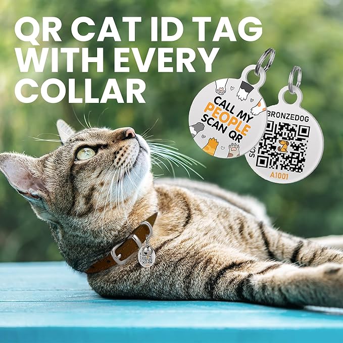 BRONZEDOG Leather Cat Collar with Removable Bells Non Breakaway Kitten QR Tag for Girl Boy (7" - 9" for Cats, Dark Brown & Silver)