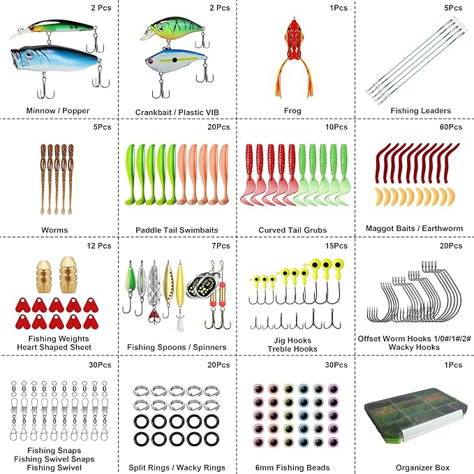 TRUSCEND Widely Used Fishing Tackle & Accessories Kit, Fishing Tackle Box with Tackle Included, Fishing Sinker Weight Hook Swivels Snap Leader Lures, Giftable Beginner Fishing Lures/Gear Set