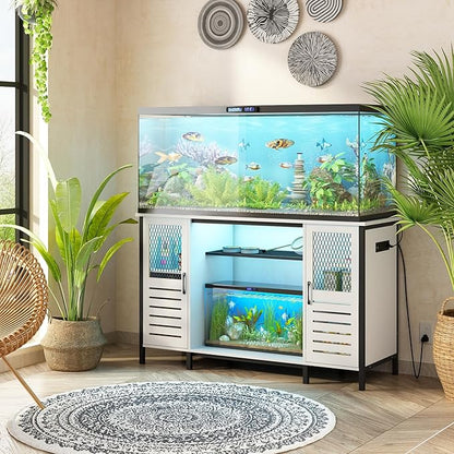 BREEZEHEAT 55-75 Gallon Fish Tank Stand with Power Outlets, LED Light, Adjustable Shelves, Heavy Duty Aquarium Stand with Cabinet, Terrarium stand Suitable for Turtle & Reptile Tank, 1250LBS, White