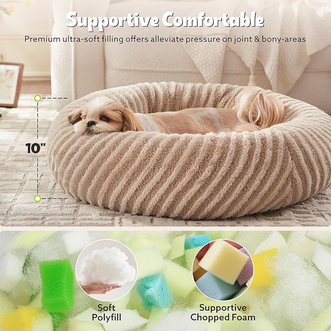 MIXJOY Calming Dog Beds Large Sized Dogs - Washable Donut Large Dog Bed, Round Fluffy Plush Faux Fur Pet Bed with Anti-Slip Bottom, 36"x36"x10", Beige