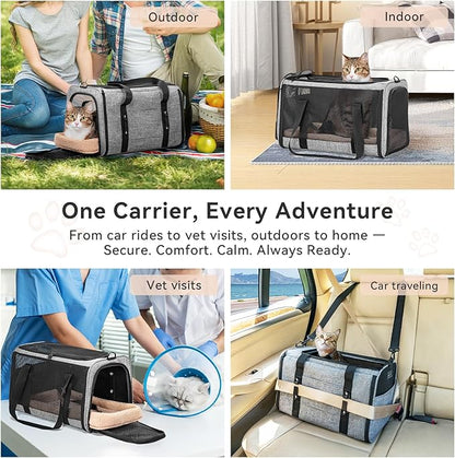PETSFIT Soft-Sided Cat Carriers & Car Seats with Patent Safe Buckles, Clip-On Harness，18"x11"x11" Airline Approved Pet Carrier - 9 lbs Capacity,Grey