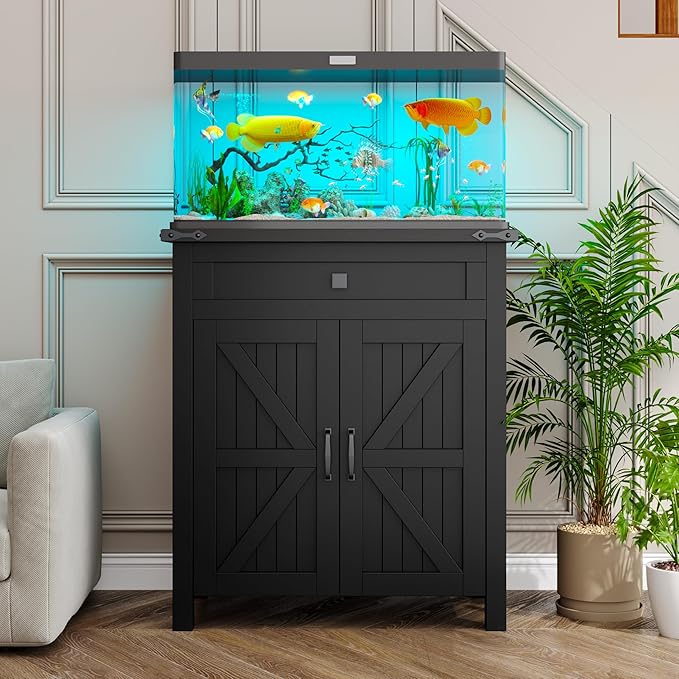 20 Gallon Fish Tank Stand with Power Outlets, Farmhouse Decorative Aquarium Stand Furniture with Adjustable Shelves, 10-20 Gallon Reptile Turtle Tank Stand with Cabinet Storage (Black, 20GL)