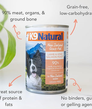 K9 Natural Wet Dog Food Pate, Lamb & King Salmon Feast, 13 Oz Cans (Pack of 12), Grain Free, Made in New Zealand with Grass-Fed, Free-Range Lamb and Sustainably Caught King Salmon