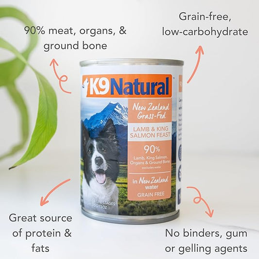 K9 Natural Wet Dog Food Pate, Lamb & King Salmon Feast, 13 Oz Cans (Pack of 12), Grain Free, Made in New Zealand with Grass-Fed, Free-Range Lamb and Sustainably Caught King Salmon