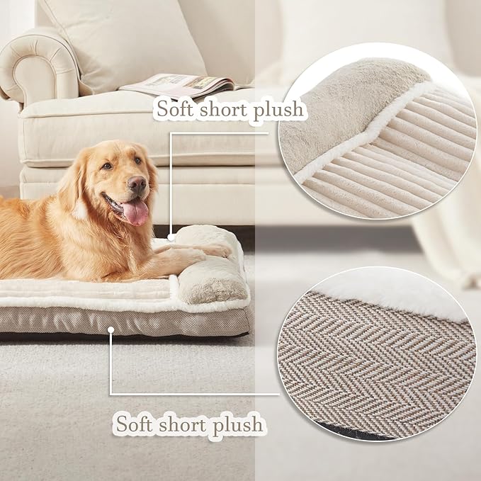 Dog Bed for Large Dogs, Dog Mattress with Pillow for Crate Kennel, Sofa pet Bed, Super Soft pet Bed for Medium, Jumbo, Small Dogs Breeds (Beige, Large:(36"x23"x3")