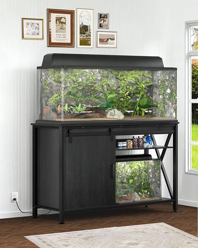 Aquarium Stand for Fish Tank: 55-75 Gallon Fish Tank Stand with Sliding Door - Heavy Duty Metal Aquarium Table with Power Outlet - 2-Tier Breeder Turtle Reptile Terrarium Stand for Home & Office