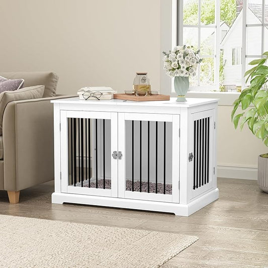Furniture Style Dog Crate with Cushion, Dog Kennel Medium, Pet Crates, Dog Cage for Small and Medium Dogs, Decorative Dog Kennel with Flip-top Plate, Chew-Proof Metal Bars, White