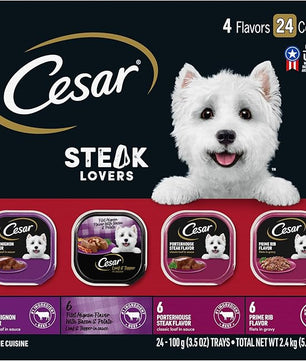 Cesar Wet Dog Food Steak Lovers Variety Pack with Real Meat, 3.5 oz. Trays (24 Count, Pack of 1)