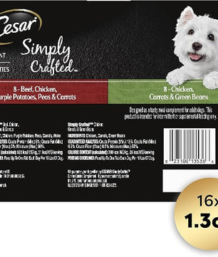 Cesar Simply Crafted Adult Wet Dog Food Meal Topper, Chicken, Carrots & Green Beans and Beef, Chicken, Purple Potatoes, Peas & Carrots Variety Pack, 1.3 oz. (16 Count, Pack of 1)