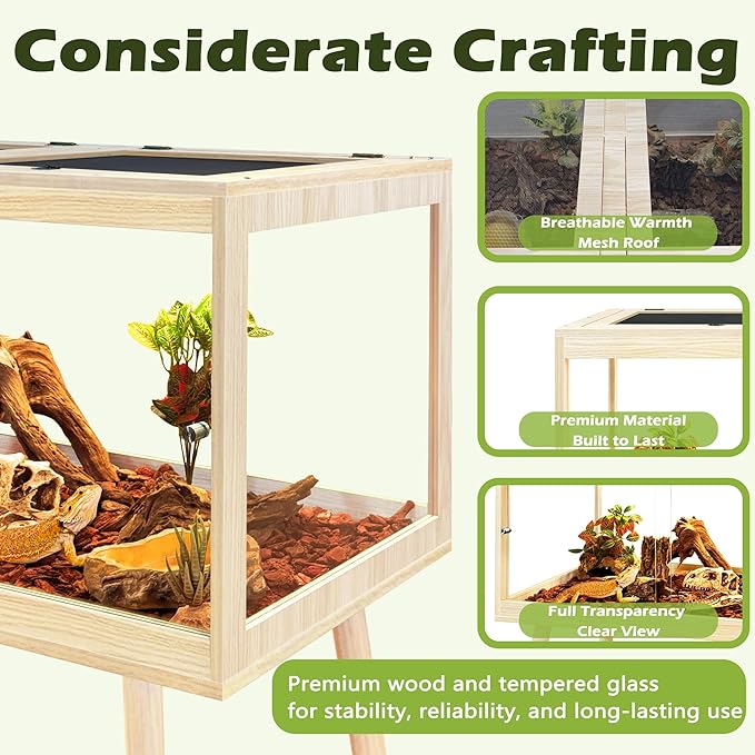 PROLEE Bearded Dragon Tank with Leg,Tempered Glass Lizard Tanks and Reptile Enclosure,Up to 78 Gallon Reptile Tank with Metal Mesh and Lockable Door for Snakes,Chameleon (Oak, 60Gallons,40inch)