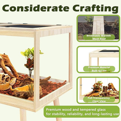 PROLEE Bearded Dragon Tank with Leg,Tempered Glass Lizard Tanks and Reptile Enclosure,Up to 78 Gallon Reptile Tank with Metal Mesh and Lockable Door for Snakes,Chameleon (Oak, 31Gallons,32inch)