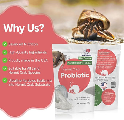 Probiotic Supplement for Hermit Crabs – 5 Billion CFU/g for Bioactive Tank Support – Gut Health and Substrate Booster – Made in USA – Safe Beneficial Bacteria for Crabitats