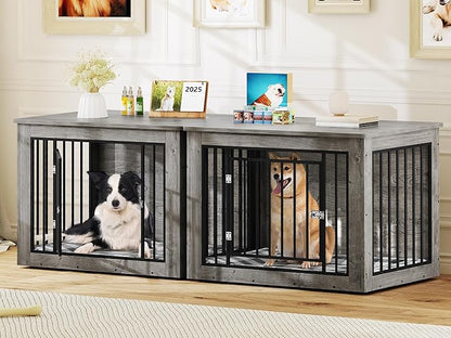 YITAHOME 76 Inch Double Dog Crate Furniture, XXL Dog Crate Furniture for 2 Dogs, Side End Table, Waterproof Top, Safety Corners, 2-in-1 Iron-Wood Fusion Dog Kennel Furniture for 2 Large Dogs,Greige