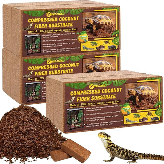 ZeeDix 6 Pack Coconut Fiber Substrate for Reptiles, 100% Organic Coco Coir Fiber Brick Reptile Substrate, Coconut Husk Terrarium Bedding for Reptiles, Bearded Dragon, Tortoise, Leopard Gecko, Snake