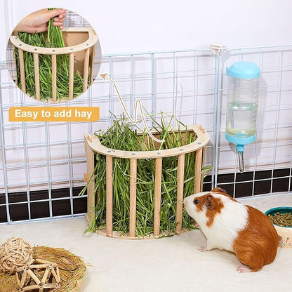 2PCS Guinea Pig Hay Feeder - Wooden Rabbit & Bunny Hay Holder Hanging Rack with Instructions - Suitable for Chinchilla, Ferret & Rabbit Cages
