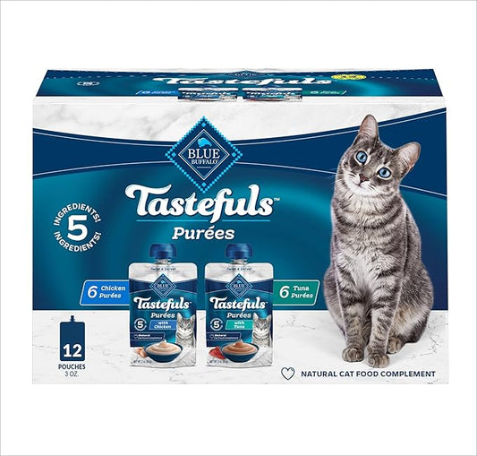 Blue Buffalo Tastefuls Purées Variety Pack, Natural Cat Food Complement, Resealable Twist Cap Pouches, Chicken and Tuna, 3-oz (12 Count, 6 of Each Flavor)