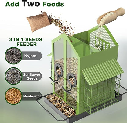 Bird Feeders for Outdoors, Metal Bird Feeder with Double Suet Cage Weatherproof Metal Roof, 2 in 1 Mixed Seeds Suet Feeder, 4Lbs Large Capacity, Great for Finch、Cardinal、Chickadee（Green）