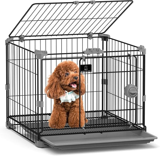 Dog Crate for Small Dogs Under 25lbs,24 inch Black Thick Metal Dog Kennel Indoor Wire Cage with Double Door and Removable Tray for Pets,Puppy