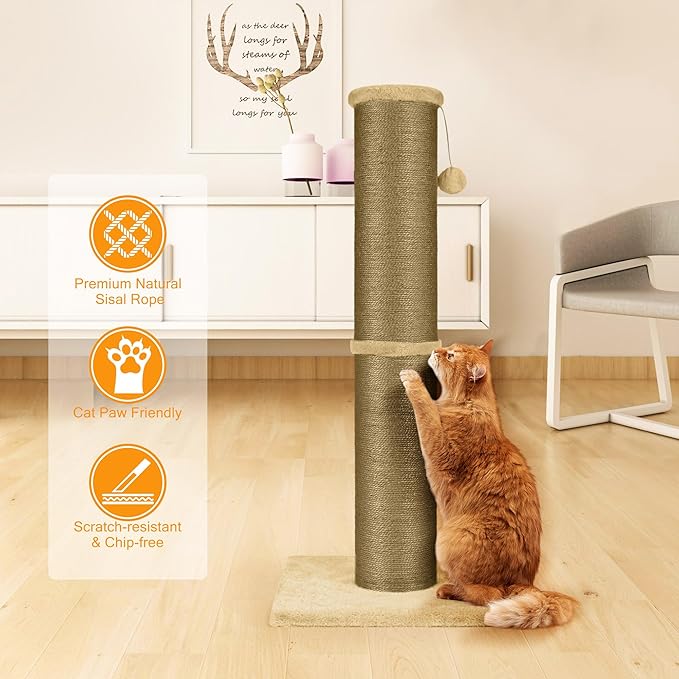 PAWSCRAT Cat Scratching Post 32 Inch High, 5.5 Inch Large Diameter Natural Sisal Cat Scratch Post, Scratch-Resistant and Durable Tall Cat Scratcher for Indoor Cats, Protect Your Furniture, Yellow