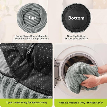 MIXJOY Calming Dog Beds Large Sized Dogs - Washable Donut Large Dog Bed with Removable Zipper Cover, Round Fluffy Plush Faux Fur Pet Bed with Anti-Slip Bottom, 36"x36"x10", Grey