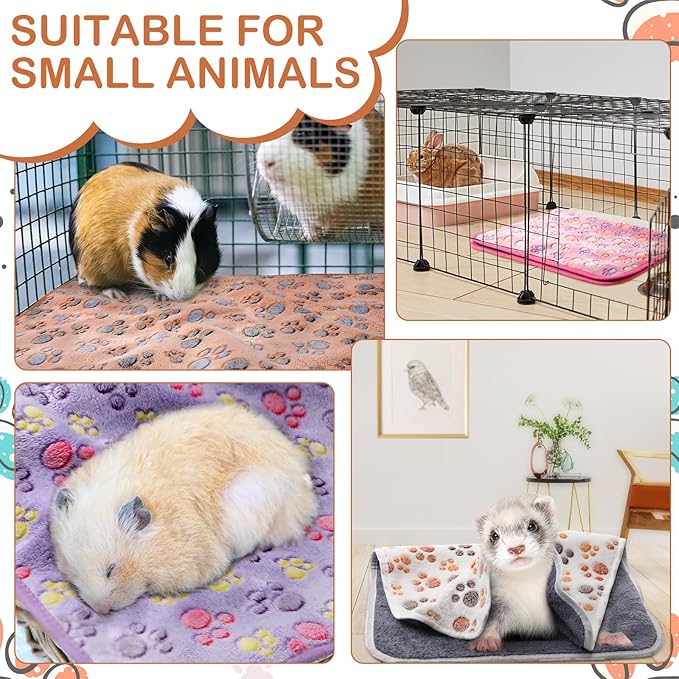 Tudomro 8 Pcs Guinea Pig Bedding Cage Liners Bulk Blankets Small Animal Flannel Throw Bedding Waterproof Absorbent Reusable Pet Pee Sleep Mat Pad Cover for Hamster Ferret(Paw,16 x 24 Inch)