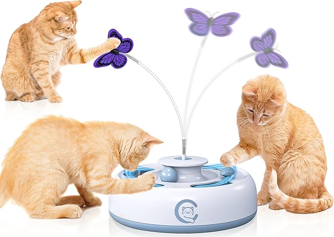 Cat Toys 3 in1 Automatic Interactive Kitten Toy, Moving Ambush Mouse, Fluttering Butterfly, Track Balls, USB Powered, Indoor Exercise Kicker, Mouse Catching Game (Bright White)