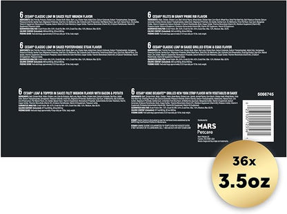 Cesar Wet Dog Food Steak Lovers Variety Pack with Real Meat, 3.5 oz. Trays (36 Count, Pack of 1)