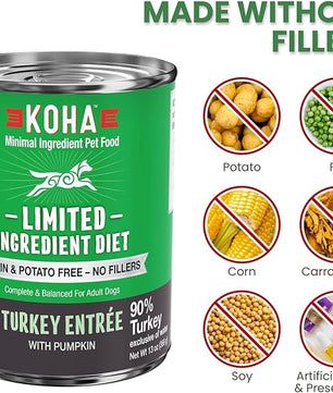 KOHA Limited Ingredient Diet Turkey Entrée for Dogs - Grain Free Wet Dog Food with No Fillers - Sensitive Stomach Canned Dog Food - 13 oz Pack of 12