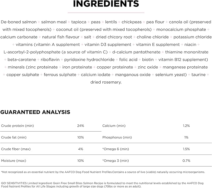 Go! Solutions Sensitivities Limited Ingredients, Grain-Free Dry Dog Food, Small Bites Salmon Recipe for Sensitive Stomach, 22 lb Bag