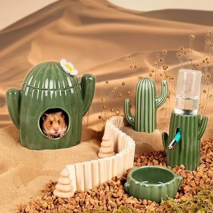 BUCATSTATE Hamster Hideout Ceramic - Cactus Shape Hamster House and Habitats Cool Bed Ideal for Summer Dwarf Hamster Gerbil Mice Golden Bear (Green-Large)