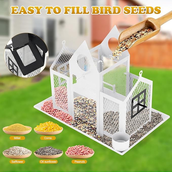 Solar Bird Feeders House for Outside Hanging, Metal Wild Bird Feeder for Outdoors Large Capacity Cardinal Birdfeeder Birdhouses Metal Bird Feeding Station White