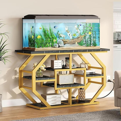 YITAHOME Heavy Duty 55-75 Gallon Fish Tank Stand with Power Outlet, Marble Aquarium Stand for Fish, Turtle, Reptile Terrarium, Shelves for Fish Tank Accessories Storage, 860LBS Capacity, Gold