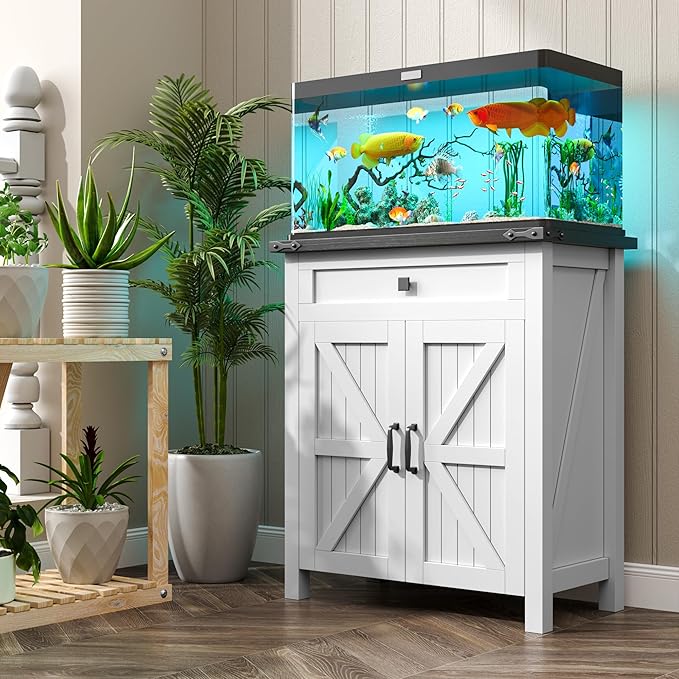 20 Gallon Fish Tank Stand with Power Outlets, Farmhouse Decorative Aquarium Stand Furniture with Adjustable Shelves, 10-20 Gallon Reptile Turtle Tank Stand with Cabinet Storage (White, 20GL)