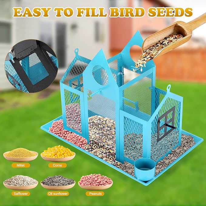 Solar Bird Feeders House for Outside Hanging, Metal Wild Bird Feeder for Outdoors Large Capacity Cardinal Birdfeeder Birdhouses Metal Bird Feeding Station Blue