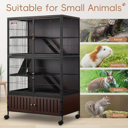 HABUTWAY 60''H Metal Large Ferret Cage, Rolling Chinchilla Cage with Removable Ramps& Double Door, Critter Nation with Locker, Small Animal Cage, Rat Indoor Wooden Pet Crate Furniture