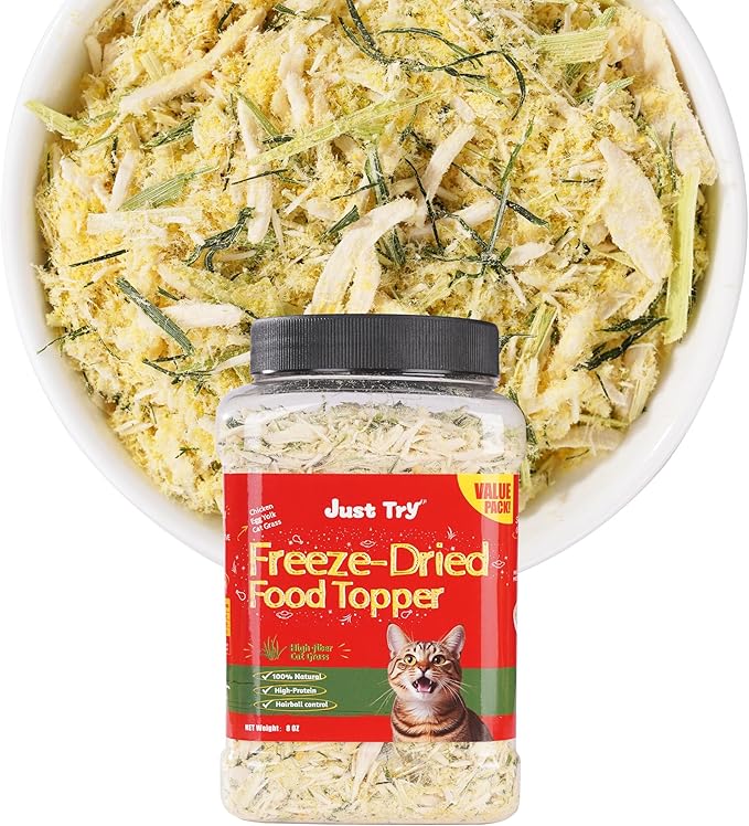 Just Try 8 oz Cat Grass Treats Freeze Dried Cat Food Toppers Mixers Hairball Control Low Calorie Real Chicken Egg Yolk Dental Care Healthy Cat Snacks Treats for Indoor Cats