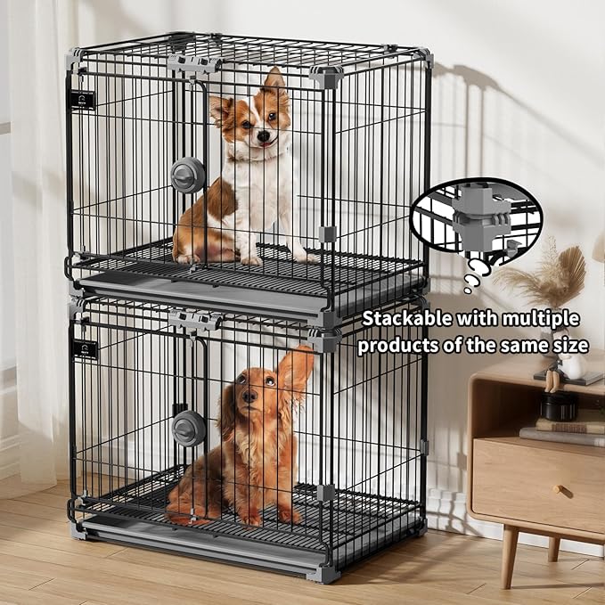 Dog Crate for Small Dogs Under 25lbs,24 inch Black Thick Metal Dog Kennel Indoor Wire Cage with Double Door and Removable Tray for Pets,Puppy
