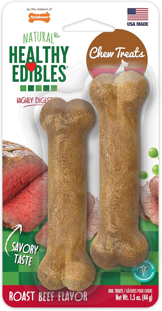 Nylabone Healthy Edibles Natural Dog Chews Long Lasting Chew Treats for Dogs, Roast Beef Flavor, X-Small/Petite (2 Count)