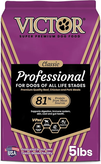 VICTOR Super Premium Dog Food – Professional Kibble Food – Super Premium Kibble with 26% Protein – Gluten-Free with Beef, Chicken & Pork Meals – for High Energy and Active Dogs & Puppies, 5lbs