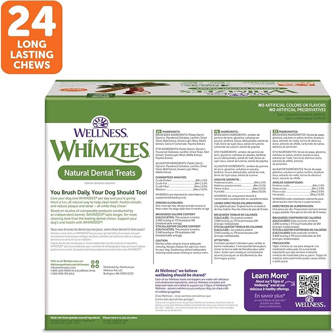 Wellness WHIMZEES Value Box Dog Dental Treats, Natural Chews, Large Size, (24 Count)