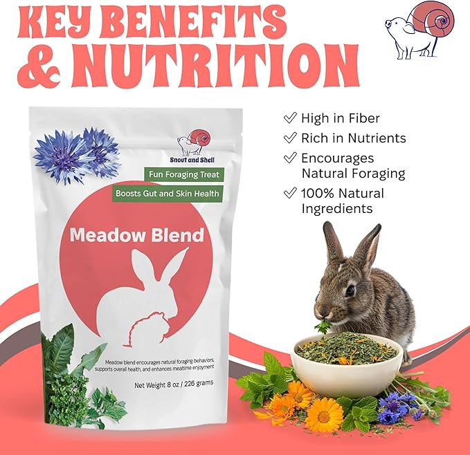 Snout and Shell 8 oz Meadow Blend – Natural Foraging Treat for Rabbits, Guinea Pigs & Chinchillas – High-Fiber Supplement