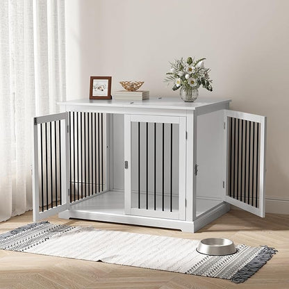 Dog Crate Furniture with Cushion, Dog Crate End Table Large, Indoor Dog Kennel, Dog House, Dog Cages for Large Dogs, Furniture Style Dog Crate with Flip-top, Chew-Proof Metal Bars, White