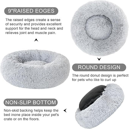 Dog Calming Beds for Small Medium Large Dogs - Round Donut Washable Dog Bed, Anti-Slip Faux Fur Fluffy Donut Cuddler Anxiety Cat Bed(36" Light Gray)