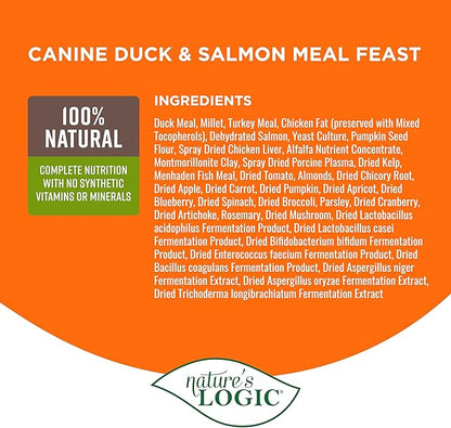 Nature's Logic Dry Dog Food - 100% Natural - No Synthetics - For All Ages, Sizes, Breeds - Free From Common Allergens, High Protein - Duck & Salmon Meal Feast, 4.4lbs